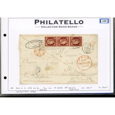 6 Oblitéré Grille sans fin du 27/01/1852 - Depart Paris (60) - Certificat Brun 15966 - Bande de 3 verticale - Cote 7000 Euros