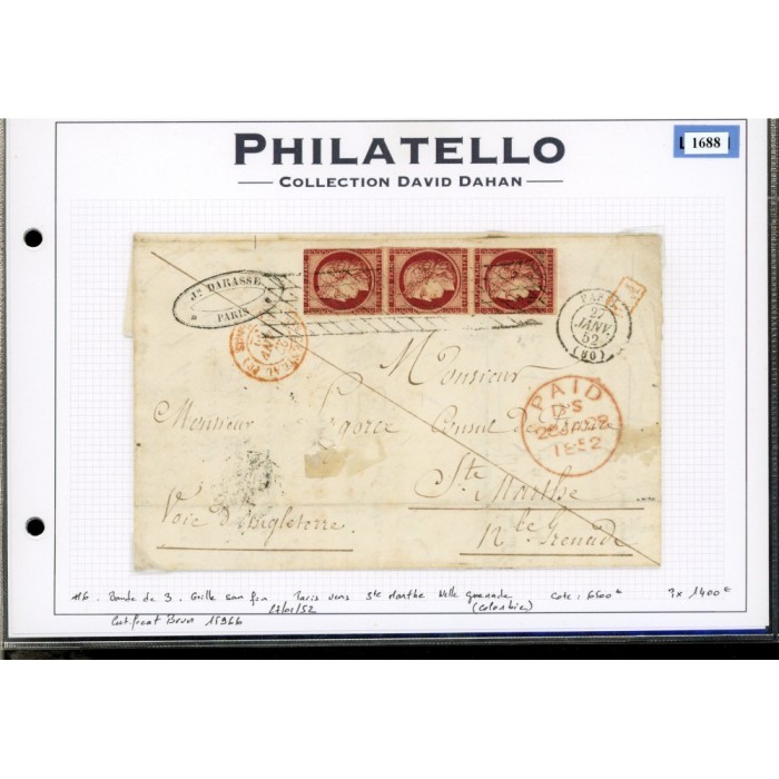 6 Oblitéré Grille sans fin du 27/01/1852 - Depart Paris (60) - Certificat Brun 15966 - Bande de 3 verticale - Cote 7000 Euros