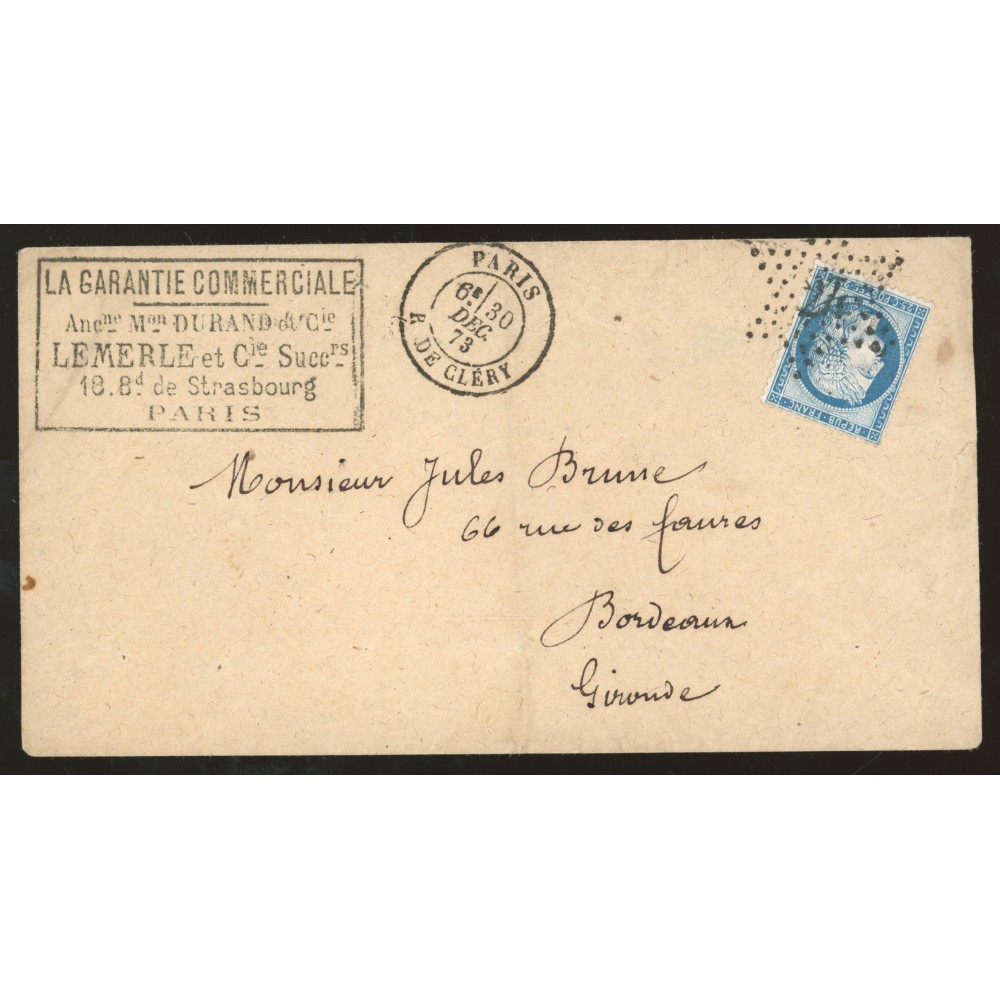 60B Oblitéré Etoile 24 du 30/12/1873 - Depart Paris (60) - Cote 75 Euros