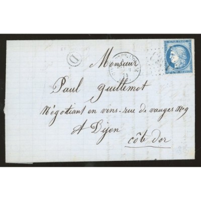 60B Oblitéré GC 1663 du 1874 - Depart Givry Pres l'Orbize -  D  dans un cercle - Cote 78 Euros