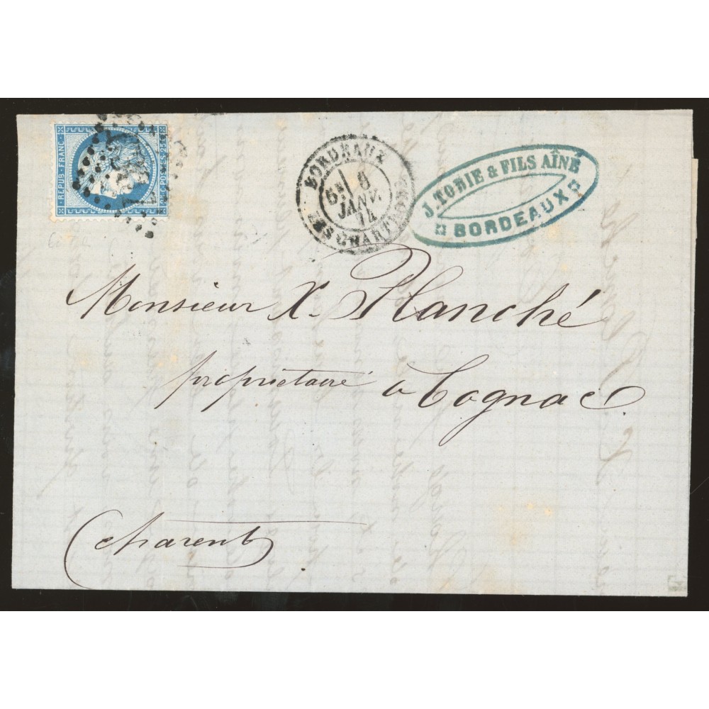 60B Oblitéré GC 6307 du 06/01/1874 - Depart Bordeaux (32) - Cote 78 Euros