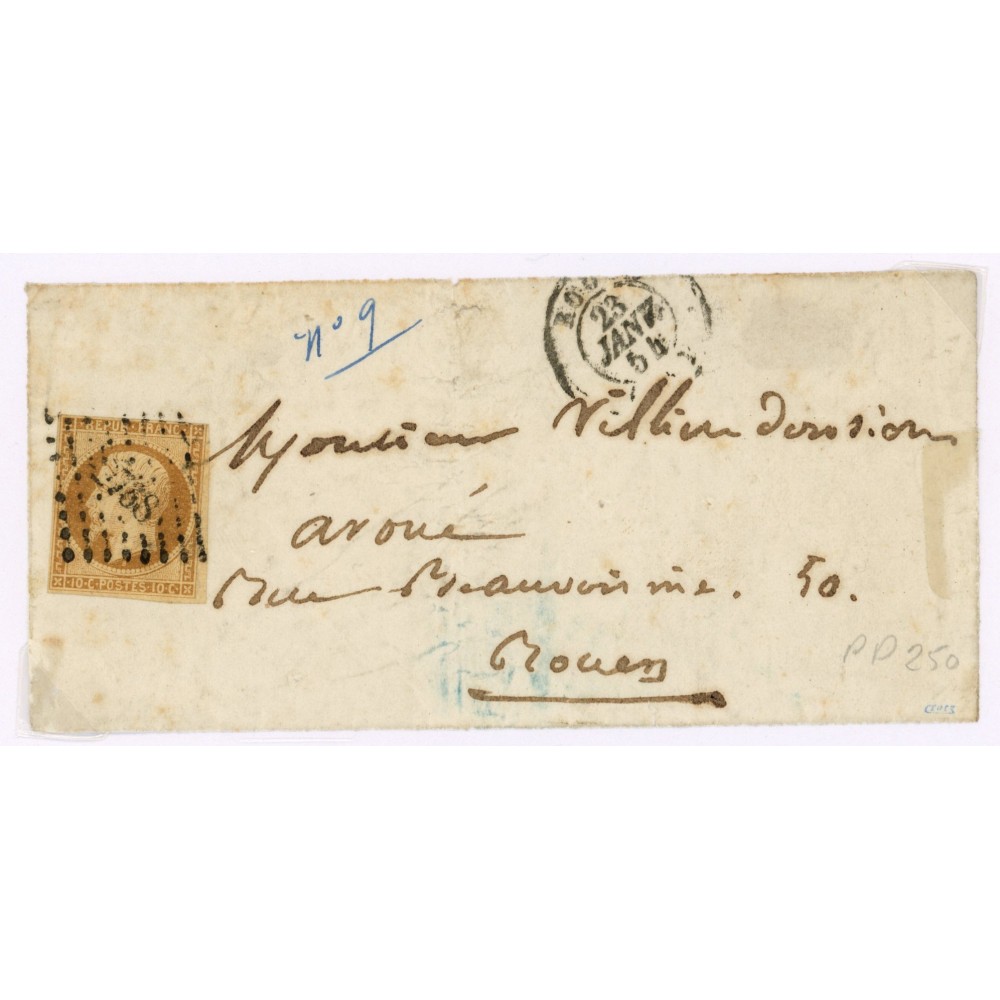 9 Oblitéré PC 2738 du 23/01/1854 - Depart Rouen (74) - Cote 1203 Euros